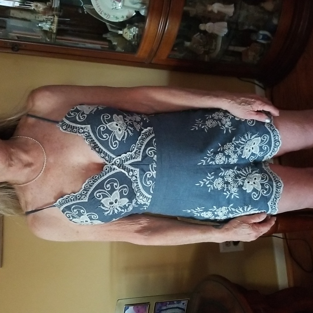 Simplee Heather Blue Embroidered Romper With Lace